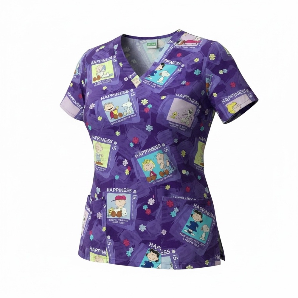 Peanuts Snoopy Happiness Is Purple Scrub Top V-Neck Small 100% Cotton